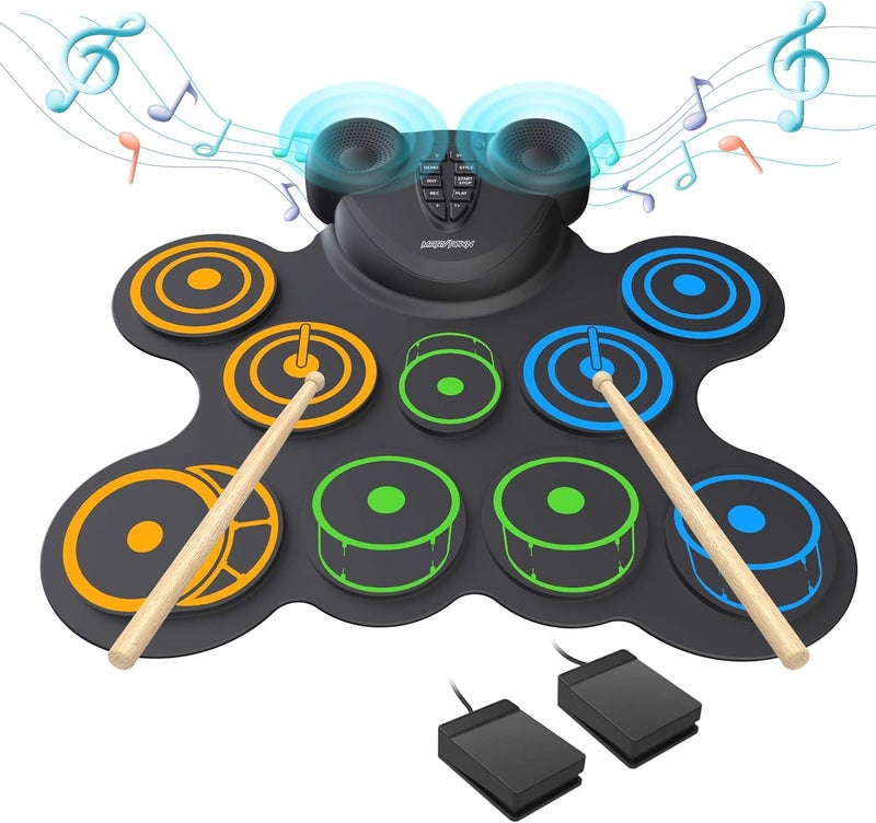 MARVTOWN 10 Pads Electronic Drum Sets,Electric Drum Set,Drum Pad with Headphone Jack, Built-in 2 Speaker Foot Pedals and Drumsticks, Kids Drum Set Compatible with MIDI Output, Christmas gifts for kids - Image 1